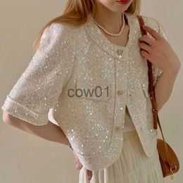 Women's Jackets Summer High Quality Korean Tweed Paillette Short Sleeve Jacket Coat Women Korean Fashion Sequin Short Outerwear Top J230726