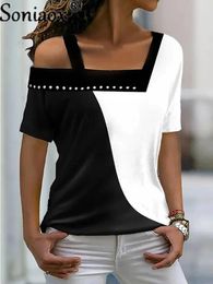 Sets Women Summer Colours Contrasting Tops Fashion Hollow Out Diamond Short Sleeve Tees Ladies Street Casual Sexy Off Shoulder Tshirt