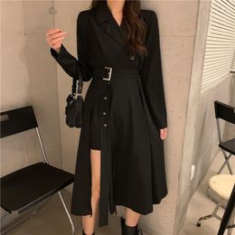 Casual Dresses Long Sleeve Women Classy Vestidos 2023 Mujer Elegant Sashes Side Slit A-Line Charm Vintage Midi Black Empire BF Notched