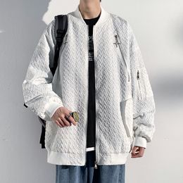 Mens Jackets Autumn Fashion Crease Design Stand Collar Men Zipper Bomber Jacket White Black 230725