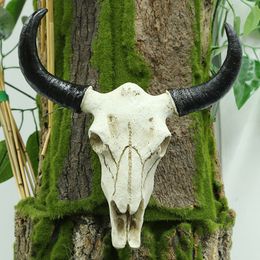 Decorative Objects Figurines Resin Longhorn Cow Skull Head Wall Decorations Ornament 3D Animal Crafts Retro Bull for Home Decoration 230725