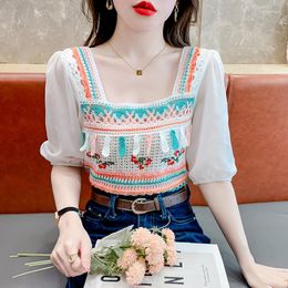 Women's Sweaters Striped Knitted Pullovers Women Flowers Embroidery Sweater 2023 Summer Square Collar Pullover Crop Tops Y2k Korean Fashion
