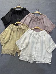 Women's Blouses Japan Style Lace Cardigans Short Shirts Coats Summer Holllow Shawl Women Tops Cotton Linen Outerwear Blusa Feminina White