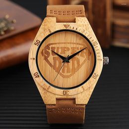 Wristwatches Nature Wooden Watches Super Dad Pattern Casual Bamboo Wood Men's Wrist Watch Gift Genuine Leather Band Strap Quartz