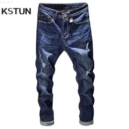 Men's KSTUN Ripped Men Stretch Dark Blue Slim Fit Fashion High Street Destroyed Rip Jeans Man Frayed Hip Hop Casual Denim Pants 210318 L230726