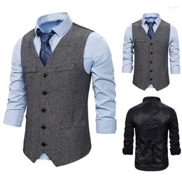 Men's Vests 2023 Slim Fit Herringbone Suit Vest For Men V Neck Single Breasted Grey Black Cafe Formal Waistcoat Males Dress Waist Coat