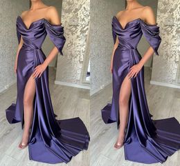 Dark Sexy Purple Plus Size Mermaid Prom Dresses Satin Off Shoulder Draped High Side Split Formal Ocns Wear Birthday Celebrity Pageant Evening Gowns Custom