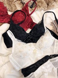 Bras Sets Velvet Sexy Lace Lingerie With Panty Suit No Steel Ring Triangle Cup Thin Underwear Set Big Breasts Small Bra Brief Women