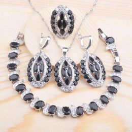 Necklace Earrings Set Black Crystal Silver Colour Jewellery For Women Wedding Cifts CZ Bracelet Pendant Ring 2023 QS0712