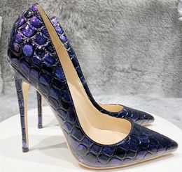 Dress Shoes Luxury Purple Snake Printing Stiletto 10cm High Heel Party Wedding Pointed Toe 8cm 12cm Sexy Vintage Classic Lady Pumps