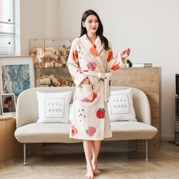 Women's Sleepwear Winter Dress Fruit Printing Long Robe Thick Flannel Sleeve Kimono Sweet Cute Home Wear Pyjamas Loungewear