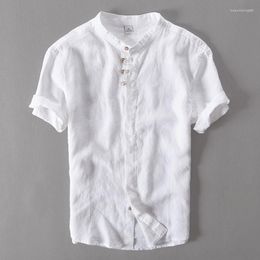 Men's Casual Shirts Linen Shirt Men Summer Short Sleve Stand Collar Flax For White Camisa Masculine Chemise Homme
