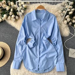 Women's Blouses Spring Fashion Vintage Long Sleeve Solid Colour Chic Pleated Lapel Shirt Women Casual Blouse Tops Mujer J603