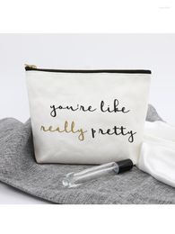 Cosmetic Bags White Bridesmaid Gift Bag Metallic Gold Print Wedding Makeup Pouch Canvas Travel Toiletry Organiser