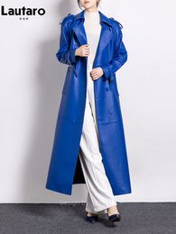 Women's Trench Coats Lautaro Spring Autumn Long Luxury Elegant Blue Soft Pu Leather Trench Coat for Women Stylish Runway European Fashion 230725