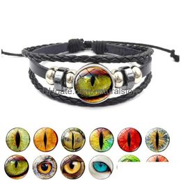 Charm Bracelets Animal Dragon Eye Glass Cabochon Time Gem Bracelet Vintage Pu Leather Adjustble Braided Bangle Cuff Women Men Fashion Dhecl