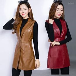 Women's Vests 2023 Faux Leather Vest Clothing Autumn Jacket Korean Solid Sleeveless Mid Long Coat Female Waistcoat Outerwear