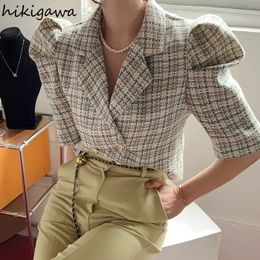 Womens Jackets Temperament Coat Women Chic Summer Vintage Plaid Crop Tops Ropa Mujer Sweet Puff Sleeve Double Breasted Tunic Korean Jacket 230726