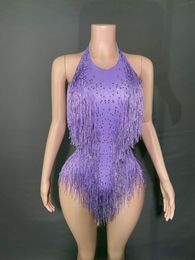 Stage Wear Purple Fringe Rhinestone Bodysuit Carnival Dress Women Dancer Show Costume Sexy Girl Outfit Prom Birthday