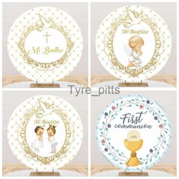 Background Material Cartoon Baby Hold My First Communion Round Photography Background Baby Shower Cross Photography Background X0725