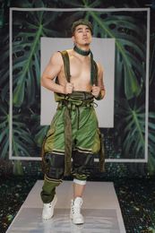 Stage Wear Men Women Style Modern Dance Costume Sexy Bar Nightclub Army Green Jumpsuit Rompers Sleeveless Loose Overalls DJ Show