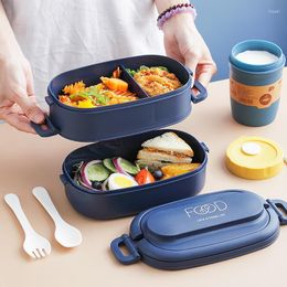 Dinnerware Sets Double-layer Lunch Box Portable Microwaveable Bento Student Office Workers Container Separator With Tableware