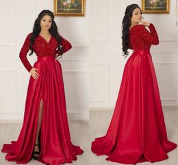 Dubai Arabic Red Sequined Prom Dresses With Long Sleeves V Neck Elegant Satin Women Formal Party Evening Gowns High Split Satin A Line Second Reception Dress CL2645