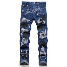 Men's Jeans Punk Style Ripped Hole Men Slim Star Patchwork Denim Pants Streetwear Hip Hop Trousers 230725