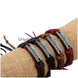 Charm Bracelets Believe Id Tag String Adjustable Leather Bracelet Wristband Bangle Cuff For Women Men Fashion Jewellery Will And Sandy D Dhcrt