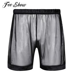 Black Mens Lingerie Hot Shorts Sleepwear See-through Mesh Loose style Sexy Male Lounge Boxer Shorts Nightwear