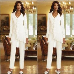 Elegant White Chiffon Mothers Pant Suits Custom Made Ruffles Mother of the Bride Gowns Long Sleeves Summer Formal Jumpsuits270K