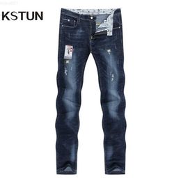 Men's KSTUN Men Stretch Dark Blue Slim Fit Ripped Biker Jeans Man Casual Patchwork Hip hop Mens Pants Denim Clothes Drop 210318 L230726