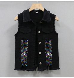 Women's Vests Fashion Sequin Denim Vest Coat Spring/Summer 2023 Slim Fit And Stretch Outerwear Sleeveless Short Jacket Female