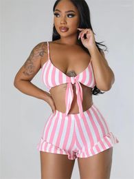 Women's Tracksuits Inwoman Pink Striated Bodycon 2 Two Piece Sets Summer Outfits For Women 2023 Backless Yellow Booty Shorts Beach Party