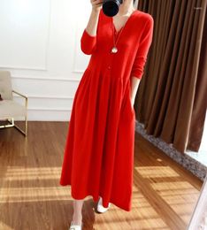 Women's Sweaters Autumn And Winter V-Neck Wool Dress Female Temperament Long Paragraph OverThe Knee Big Girl Clothes