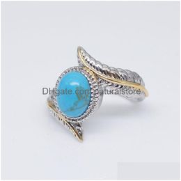 Solitaire Ring Retro Feather Turquoise Blue Diamond Rings Band Fashion Jewelry For Women Christmas Gift 080351 Drop Delivery Dhp8E