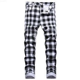 Men's Jeans Black and White Plaid Printed Fashion Cheque Digital Print Slim Straight Pants Stretch Trousers Y2303 L230726