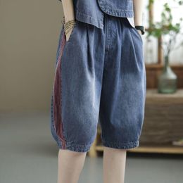 Women's Jeans Women Short Y2K Summer Elastic Waist Loose Denim Pants Line Decoration Comfort Casual All Match Wide Legs Trousers U122