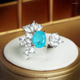 Cluster Rings Creative Irregular Paraiba Flower Leaf Oval Sapphire Full Diamond Couple Ring For Women Geometric Zircon Anniversary Gift