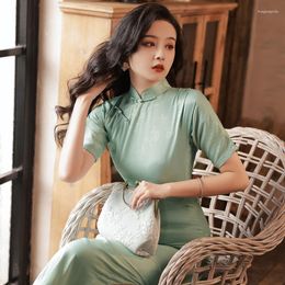 Ethnic Clothing Chinese Vintage Mandarin Collar Light Green Cheongsam Women Sexy Short Sleeve Button Qipao