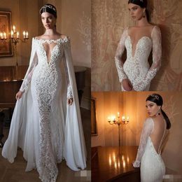 Berta 2019 Sexy Mermaid Wedding Dresses with Capes Sleeve Detachable Chiffon Cape V-neck Long Sleeve Sheer Back Lace Embellished195K