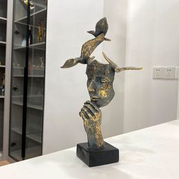 Decorative Objects Figurines Resin Retro Golden Mask Figures Abstract Art Bird Figure Status Home Living Room Office Desktop Decoration Object 230726