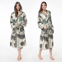 Women's Sleepwear US Dollar Money Print Couple Nightgown For Men's And Homewear Winter Thicken Warm Flannel Hooded Bathrobe Dressing Gown