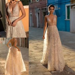 Gali Karten 2020 A line Boho Wedding Dresses Bohemia Deep V Neck Lace Appliqued Backless Tulle Floor Length with Beading Bridal Go302c