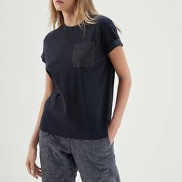 Women's T Shirts 2023 SS Women O-neck Tops Elegent Pocket Handmade Beaded Short Sleeve T-shirt Casual Fashion 5 Solid Colours Slim