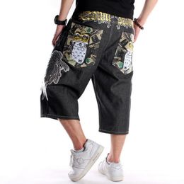 Summer Loose Wide Leg Embroidery Men Shorts Jeans Hip Hop Skateboard Baggy Capri Pants Male Printed Denim Shorts Oversize 30-46