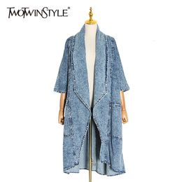 Women's Trench Coats TWOTWINSTYLE Vintage Denim Women Windbreaker Lapel Collar Half Sleeve High Waist Trench Coats Female Fashion Clothing 230725