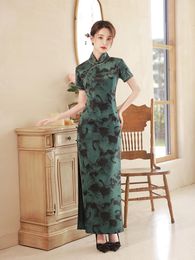 Ethnic Clothing Chinese Style Green Print Mandarin Collar Qipao Classic Women Satin Oriental Short Sleeve High Split Cheongsam