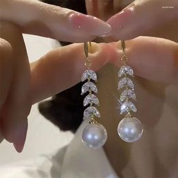 Stud Earrings Shiny Rhinestone Leaf Long Tassel Pearl For Women Korean Elegant Fairy Party Jewellery 2023 Trending