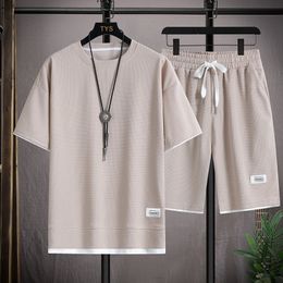 Men's Tracksuits 2023 Summer Fashion Harajuku Versatile Art and Trend flax Split Shorts Short Sleeve Tshirt Casual sports Sets 230725